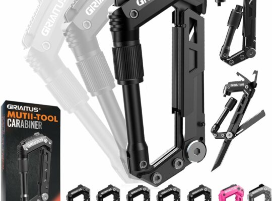 Carabiner Multitool 8-in-1 EDC Carabiners Pocket Knife, Serrated Knife, Rope Cutter, Screwdriver, Can Bottle Opener, Ruler, Survival Gear for Camping Climbing, Christmas Gifts for Men Women (Black)