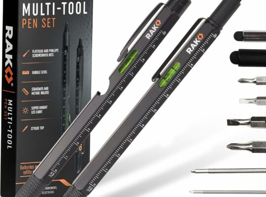 RAK Multitool Pen 2-Pack – Multi-Tool Pens with LED Light, Flathead & Phillips Screwdrivers, Level, Ruler, Bottle Opener, and Stylus. Gift-Ready Box with Ink Refills & Batteries. Great for EDC.