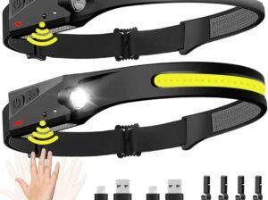 Headlamp Rechargeable 2PCS, 230° Wide Beam Head Lamp LED with Motion Sensor for Adults – Camping Accessories Gear, Waterproof Head Light Flashlight for Hiking, Running, Repairing, Fishing, Cycling