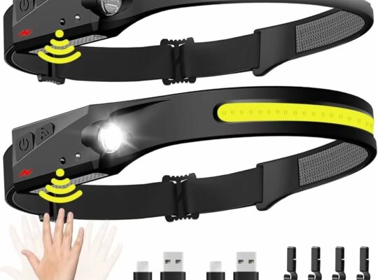 Headlamp Rechargeable 2PCS, 230° Wide Beam Head Lamp LED with Motion Sensor for Adults – Camping Accessories Gear, Waterproof Head Light Flashlight for Hiking, Running, Repairing, Fishing, Cycling
