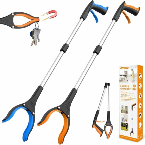 32″ Grabber Reacher Tool, 2-Pack Foldable Reacher Grabber Pickup Tool with 360° Rotating Jaw & Magnet, Trash Picker Upper Grabber, Lightweight Grabbers for Seniors Heavy Duty