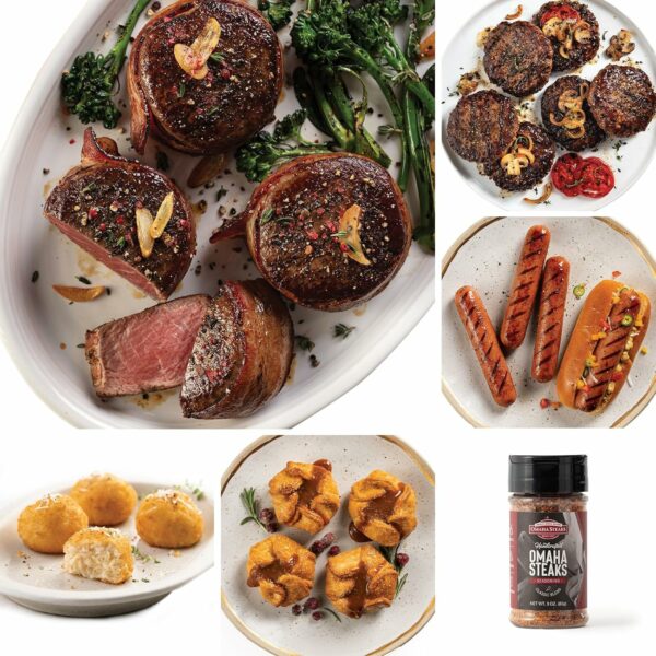 Omaha Steaks Deluxe Package, Gift-Ready or Stock Up, 21 items, 12 entrees – 4 Bacon-Wrapped Filet Mignons, 4 Steak Burgers, 4 Gourmet Jumbo Franks, 4 Au Gratin Potatoes, 4 Caramel Apple Tartlets, 1 jar Omaha Steaks Seasoning