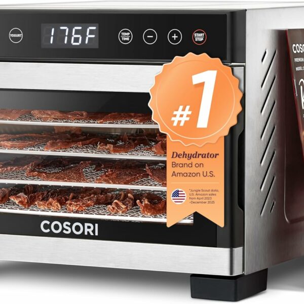 COSORI Food Dehydrator for Jerky, 176°F Temperature Control, 5 Stainless Steel Trays Dryer Machine, 4 Presets, 48H Timer, for Dog Treats, Meat, Fruit, Veggies, Snacks,Bright-Silver