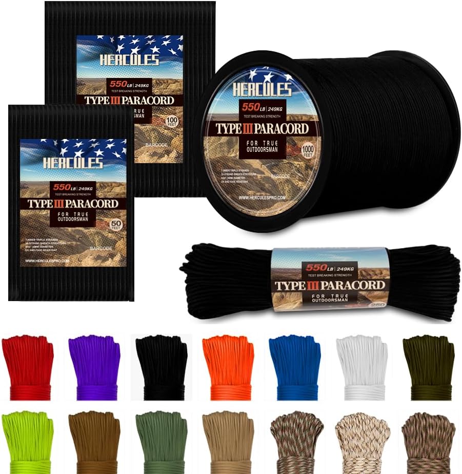 HERCULES Type III Paracord 550 Paracord Rope Parachute Cord, 50′ Black for Survival Rope, Survival Cord