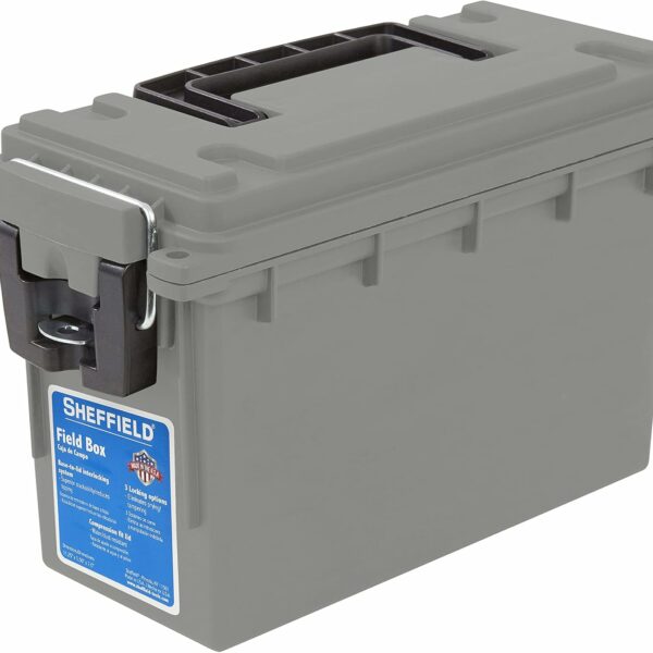 Sheffield 12628 Ammo Storage Box, Stackable .30 Cal Field Boxes, Water and Dust Resistant, Lockable Storage Box with Handle, Secures Hunting Gear, Supplies, and Bullets, Made in USA, Gray, 1-Pack