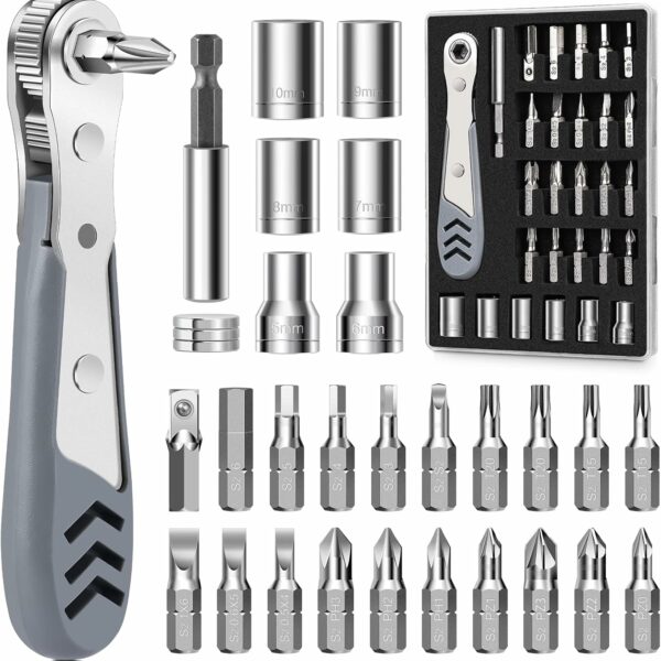 TUXIYA 30in1 Right Angle Screwdriver, 36-Tooth Mini Ratchet Wrench, Angle Screwdriver for Tight Spaces, Low Profile Offset screwdrivers, Magnetic Ratchet Screwdrivers Repair Tool