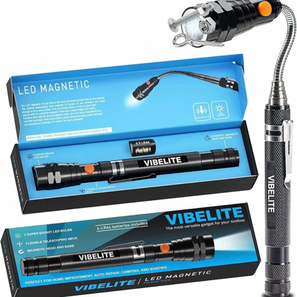 VIBELITE Extendable Magnetic Flashlight with Telescoping Magnet Pickup Tool-Cool Gadget Gifts for Men, Women, Him, Teen Boys, Husband, Dad, Father, Mechanic, Birthday Gifts for Men, Black